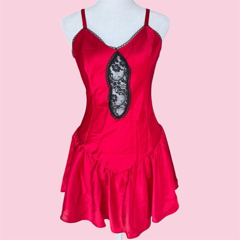 Vintage 90s Victoria's Secret red satin drop waist babydoll slip dress